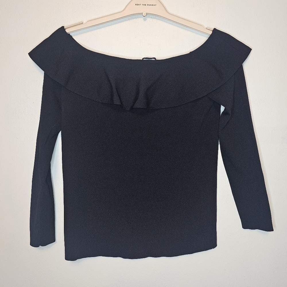 COS Black Off-Shoulder Ruffle Fine Rib Knit Top Size Medium - Picture 3 of 10